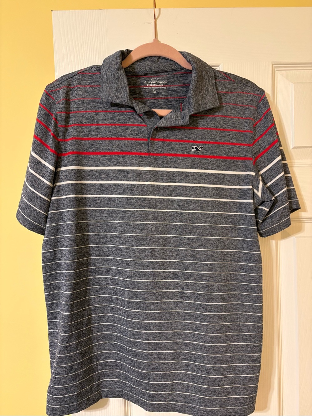 Vineyard Vines Heather Gray Polo with Red & White Stripes
